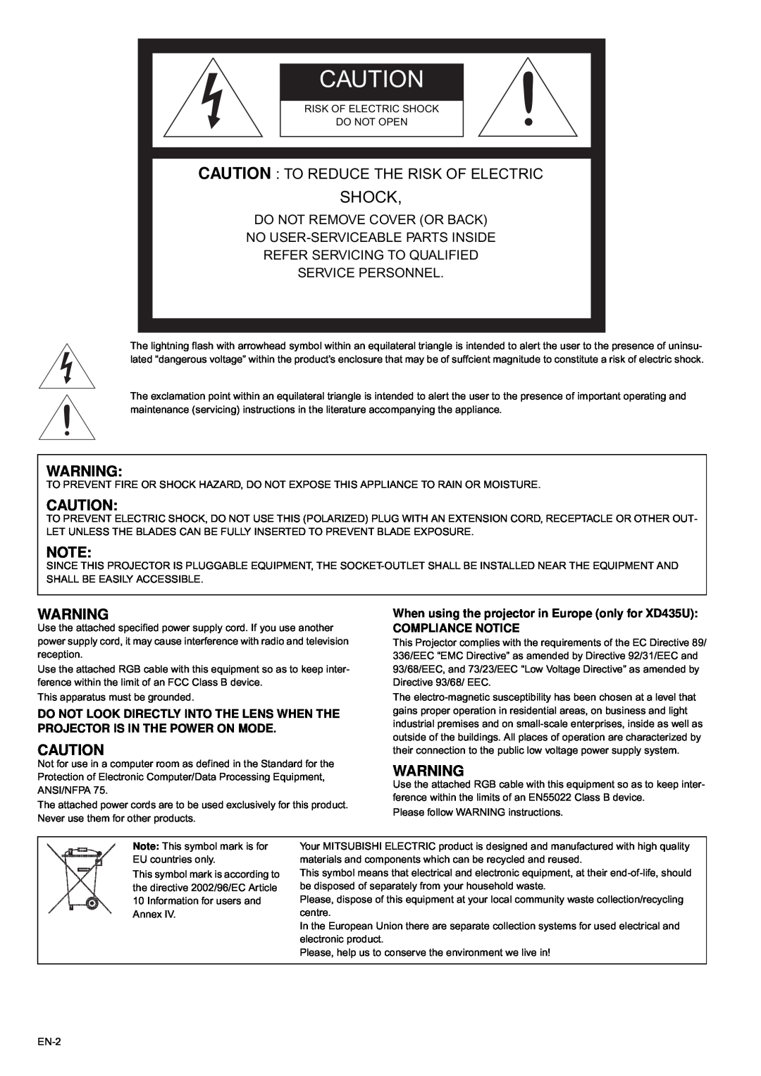 Mitsubishi Electronics XD435U-G user manual Caution To Reduce The Risk Of Electric, Shock 