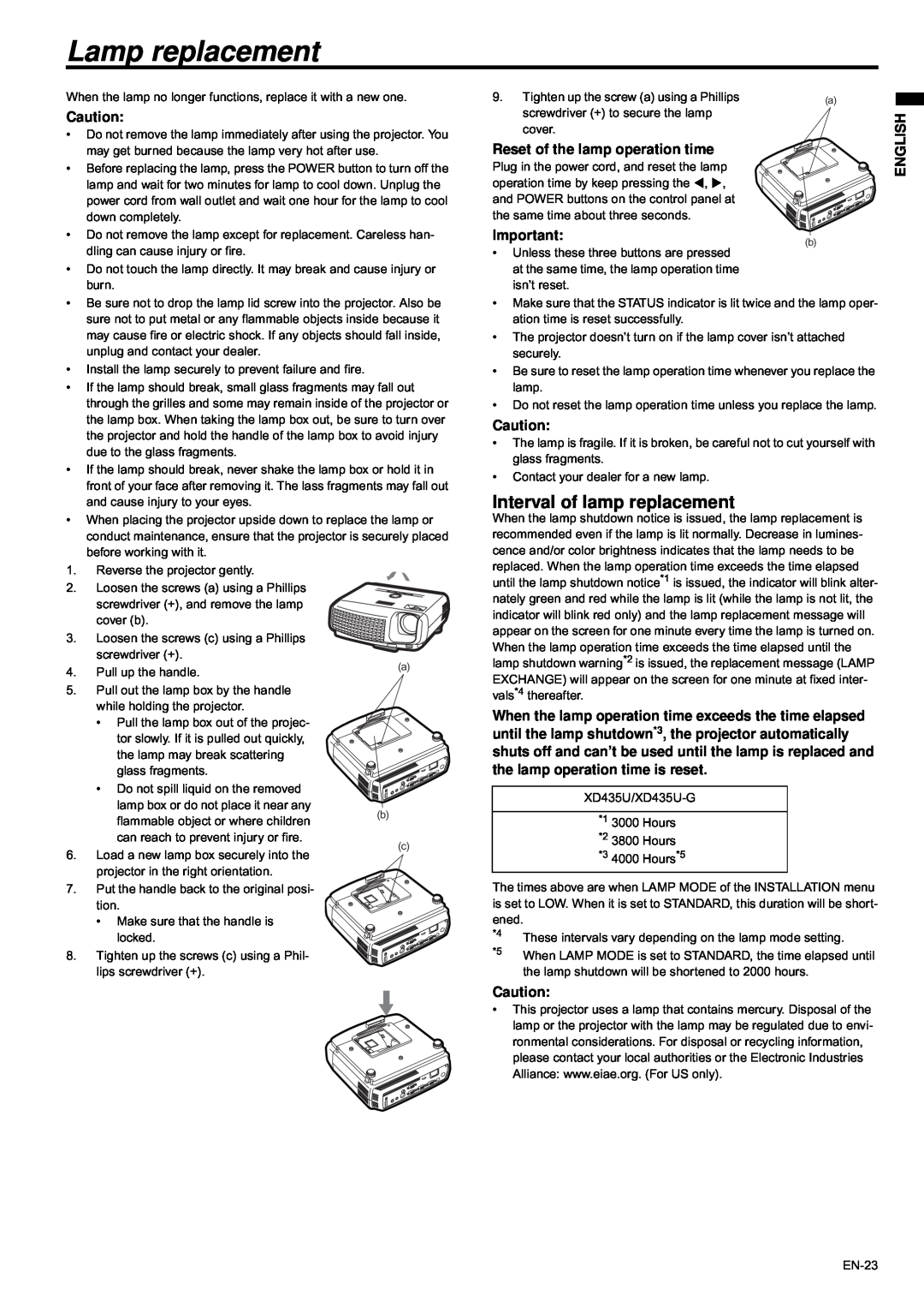 Mitsubishi Electronics XD435U-G user manual Lamp replacement, Interval of lamp replacement 