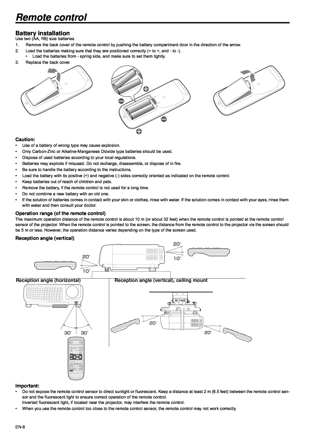 Mitsubishi Electronics XD435U-G user manual Remote control, Battery installation, Reception angle vertical, ceiling mount 