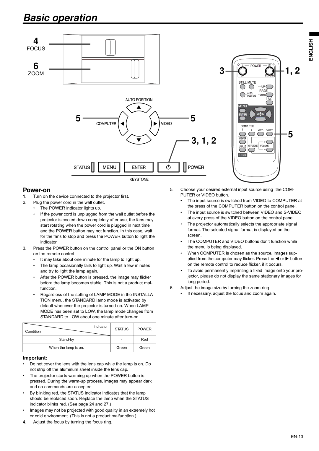 Mitsubishi Electronics XD435U XD435U-G user manual Basic operation, Power-on, Status Power 