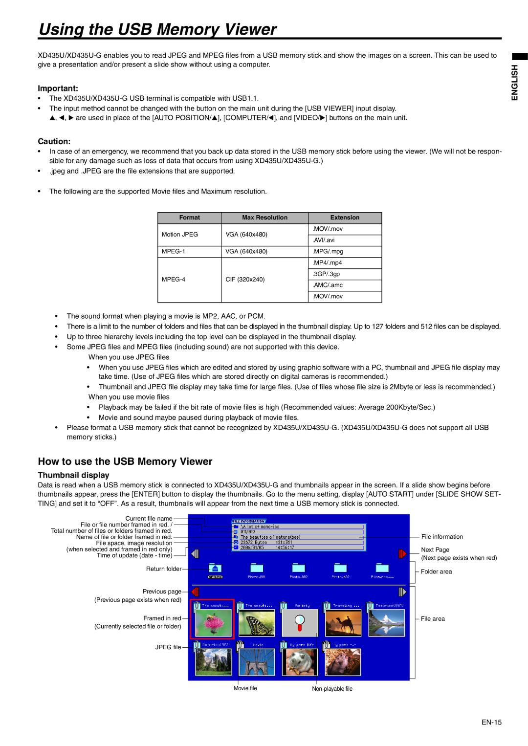 Mitsubishi Electronics XD435U XD435U-G Using the USB Memory Viewer, How to use the USB Memory Viewer, Thumbnail display 