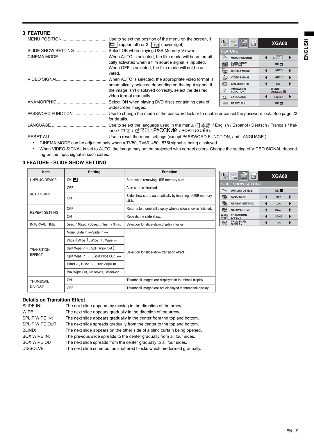 Mitsubishi Electronics XD435U XD435U-G user manual Feature Slide Show Setting, Details on Transition Effect 