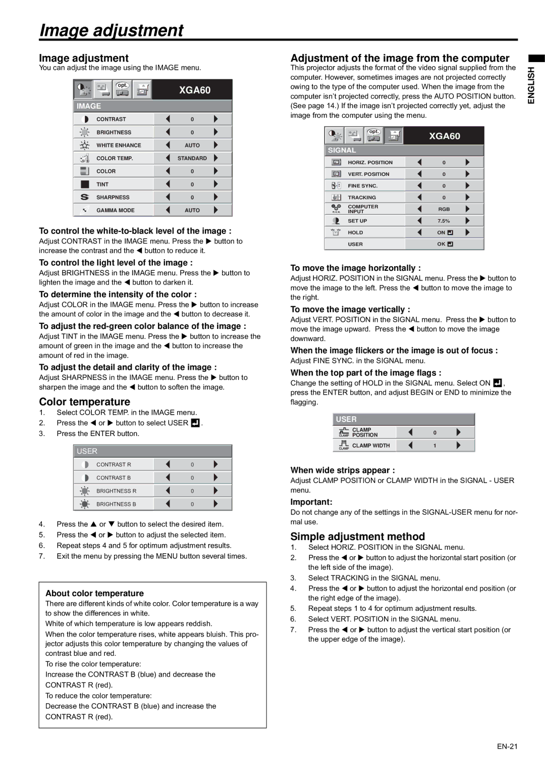 Mitsubishi Electronics XD435U XD435U-G Image adjustment, Adjustment of the image from the computer, Color temperature 