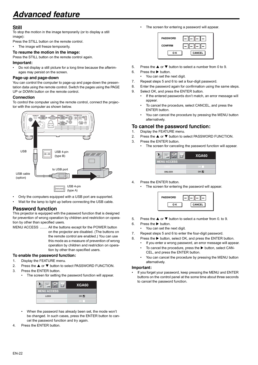 Mitsubishi Electronics XD435U XD435U-G Advanced feature, Still, Password function, To cancel the password function 