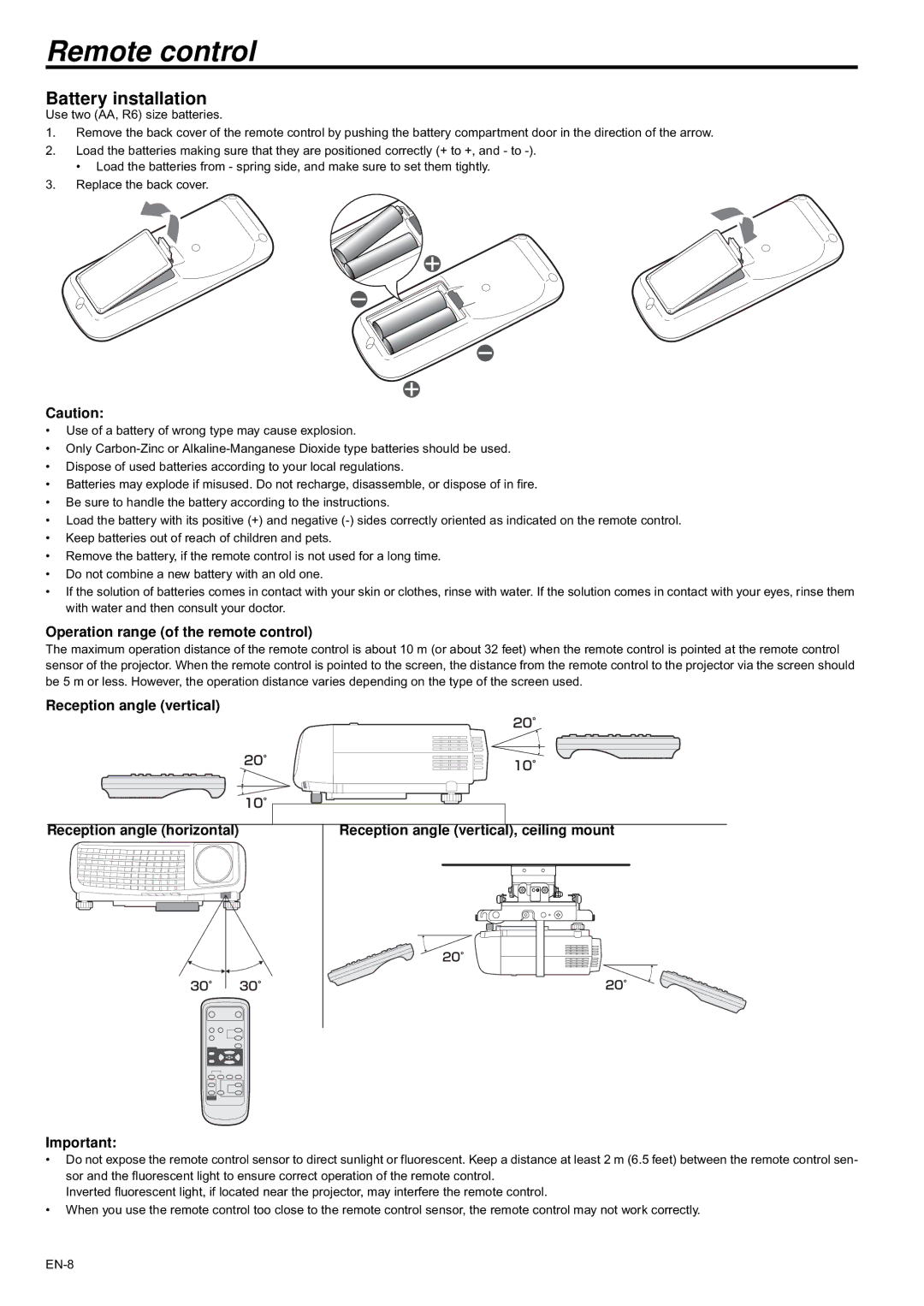 Mitsubishi Electronics XD435U XD435U-G Remote control, Battery installation, Operation range of the remote control 