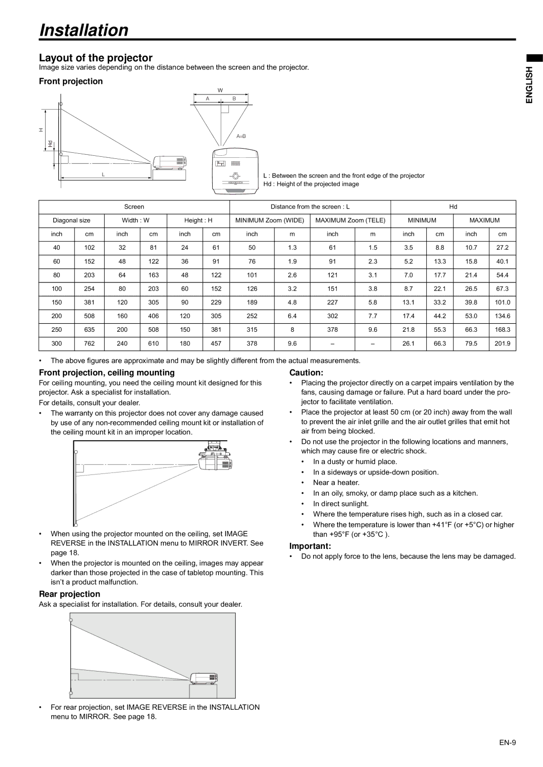 Mitsubishi Electronics XD435U XD435U-G user manual Installation, Layout of the projector, Front projection, Rear projection 