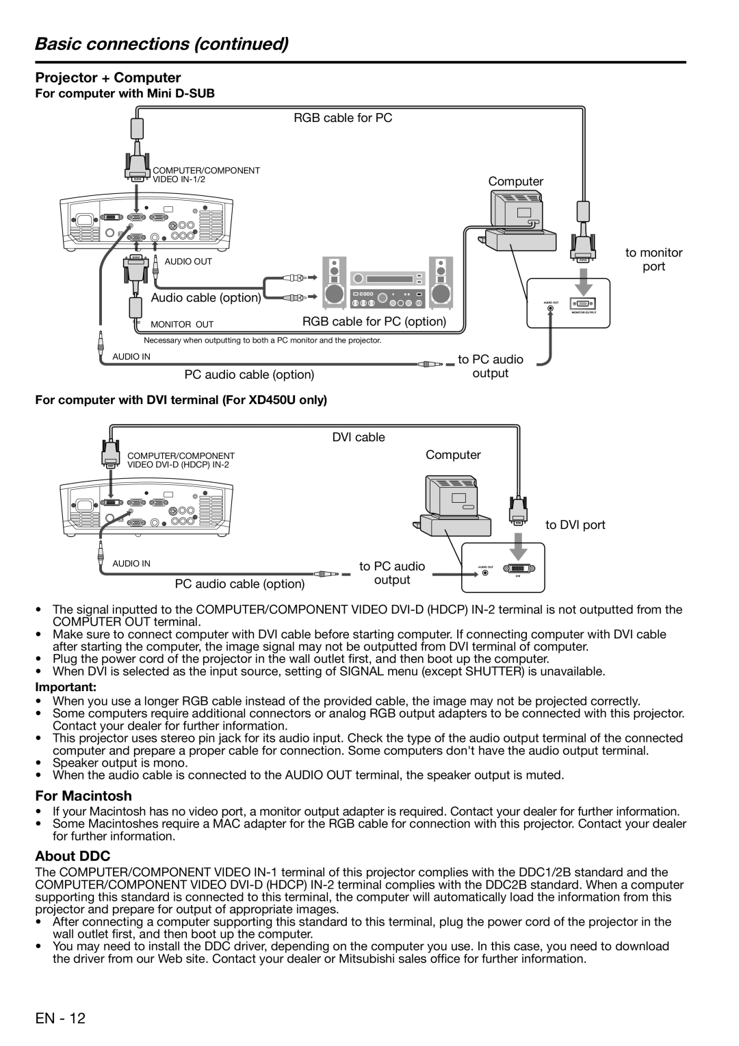 Mitsubishi Electronics XD450U user manual Basic connections, Projector + Computer, For Macintosh, About DDC 