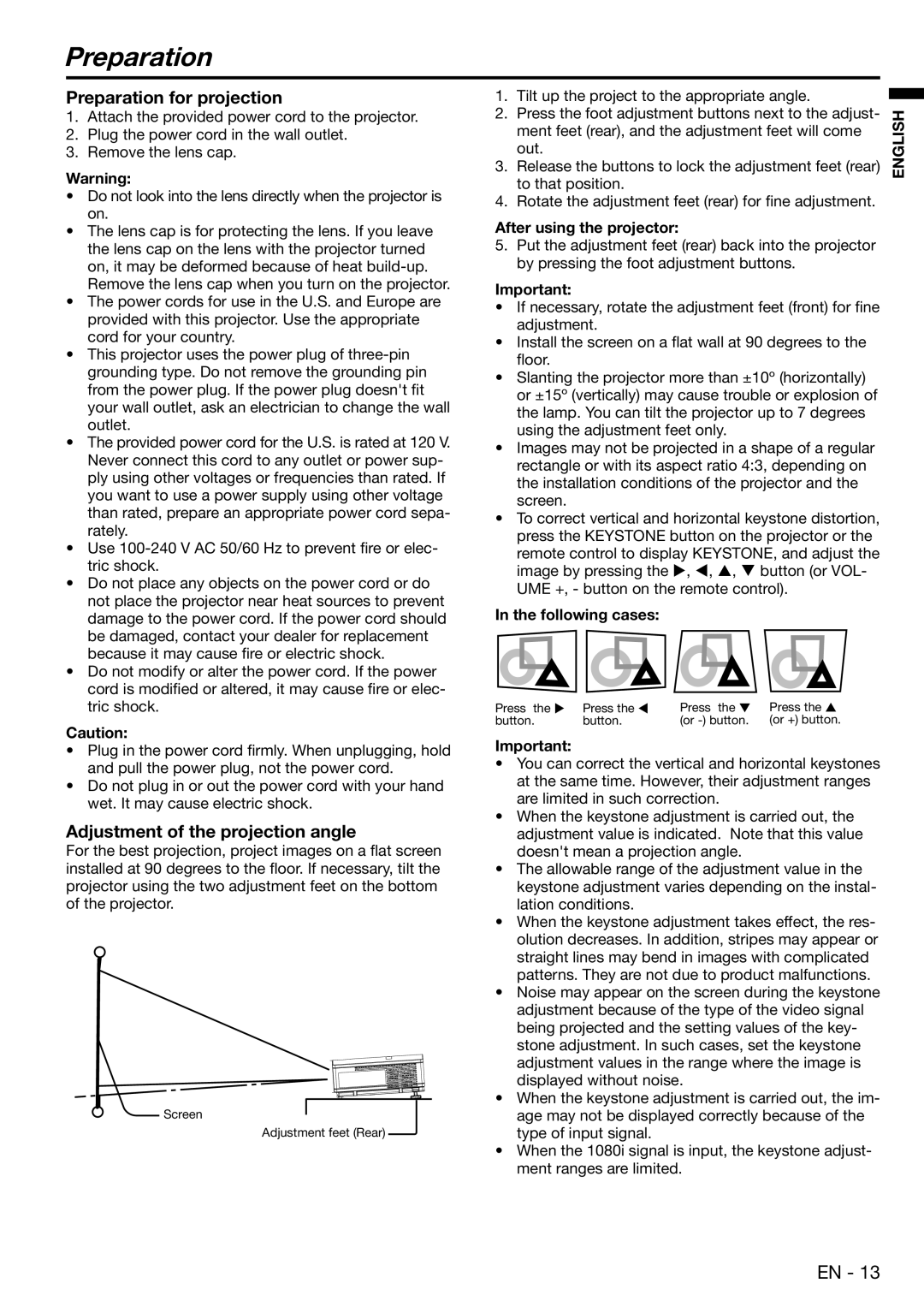 Mitsubishi Electronics XD450U Preparation for projection, Adjustment of the projection angle, Following cases 