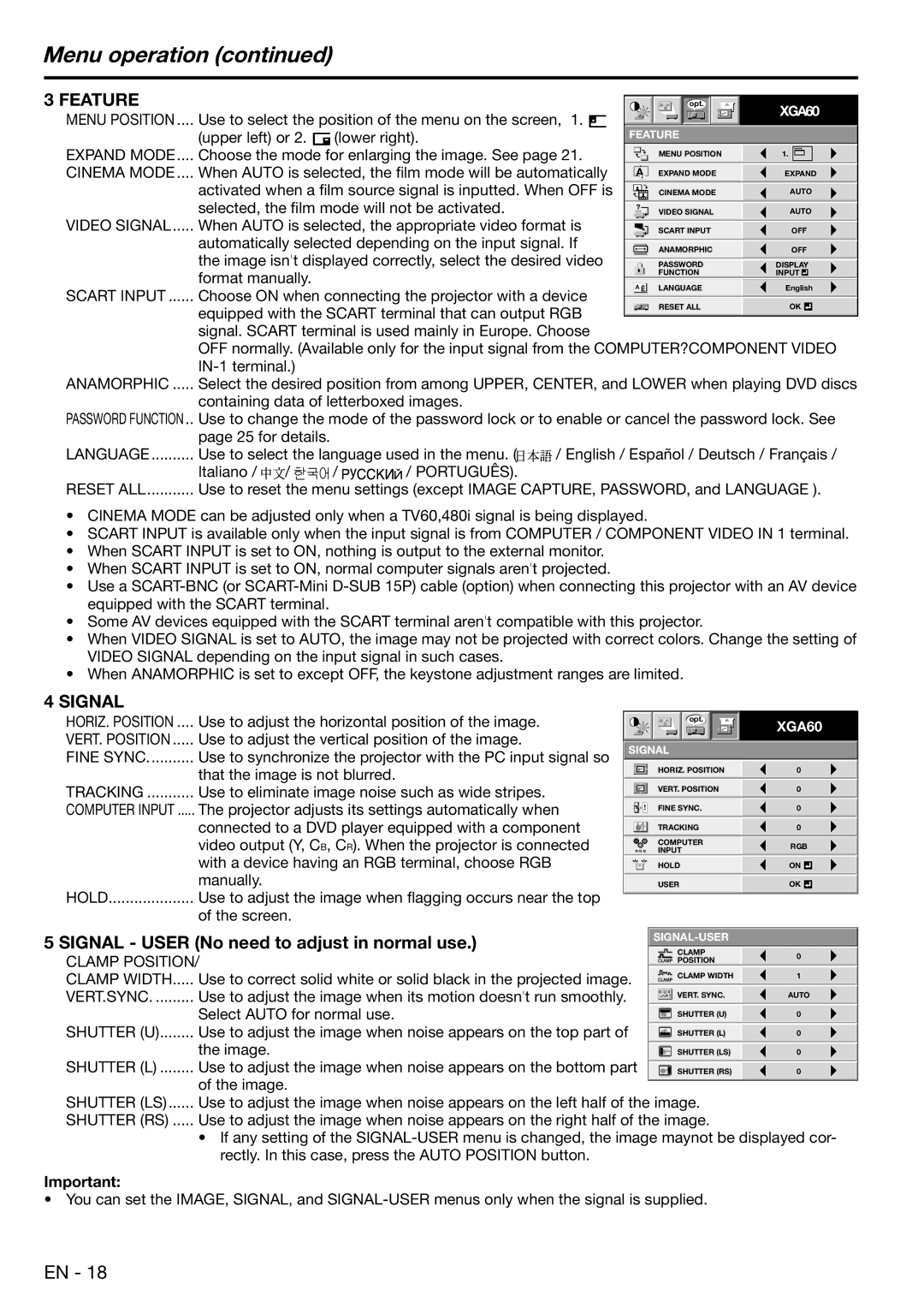 Mitsubishi Electronics XD450U user manual Menu operation, Signal User No need to adjust in normal use 