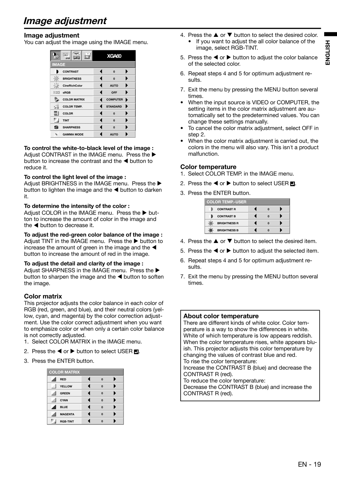 Mitsubishi Electronics XD450U user manual Image adjustment, Color matrix, Color temperature, About color temperature 