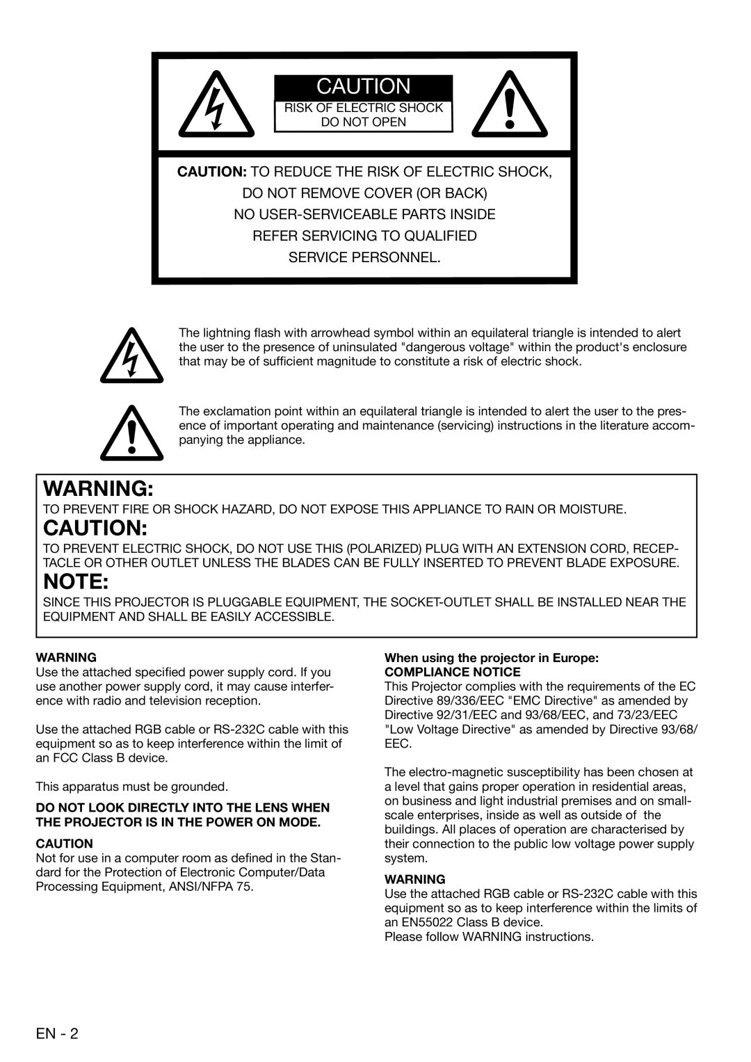 Mitsubishi Electronics XD450U user manual Risk of Electric Shock Do not Open, When using the projector in Europe 