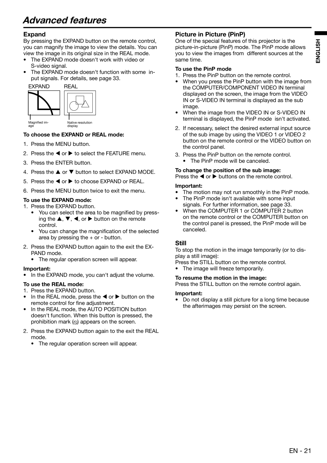 Mitsubishi Electronics XD450U user manual Advanced features, Expand, Picture in Picture PinP, Still 