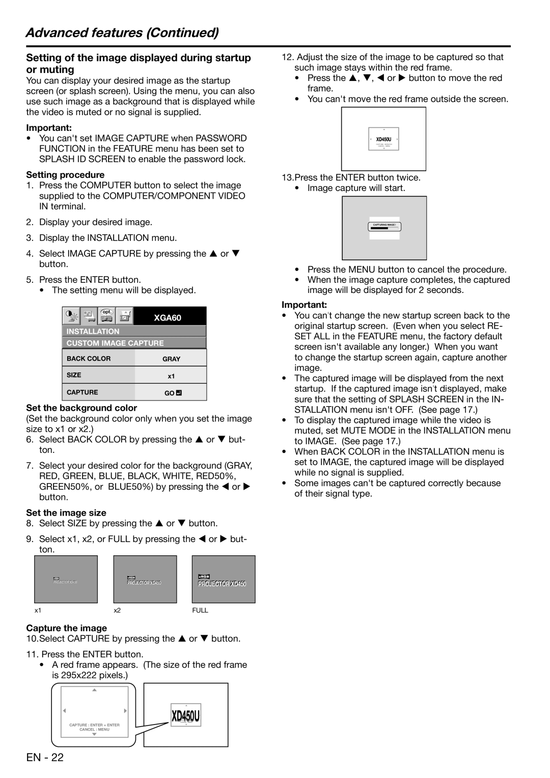 Mitsubishi Electronics XD450U user manual Advanced features, Setting of the image displayed during startup or muting 