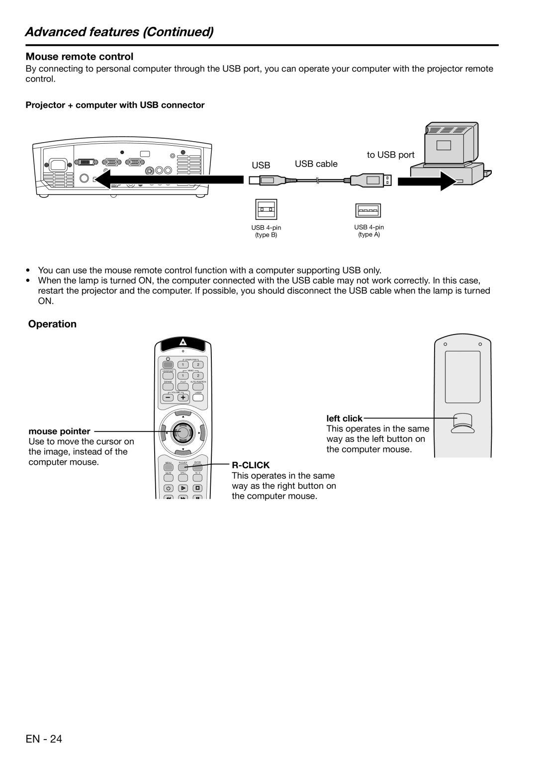 Mitsubishi Electronics XD450U Mouse remote control, Operation, Projector + computer with USB connector, Usb, Left click 