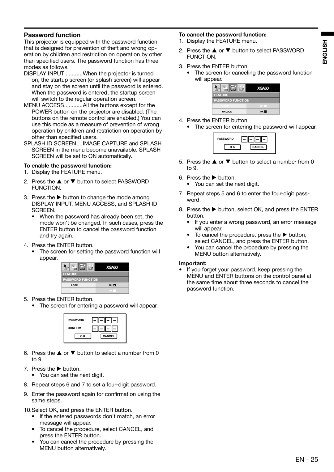 Mitsubishi Electronics XD450U Password function, To enable the password function, To cancel the password function 