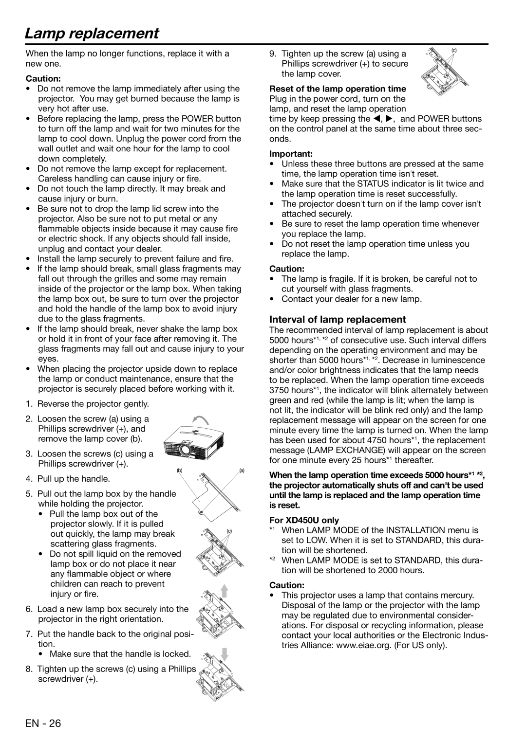 Mitsubishi Electronics XD450U user manual Lamp replacement, Interval of lamp replacement 