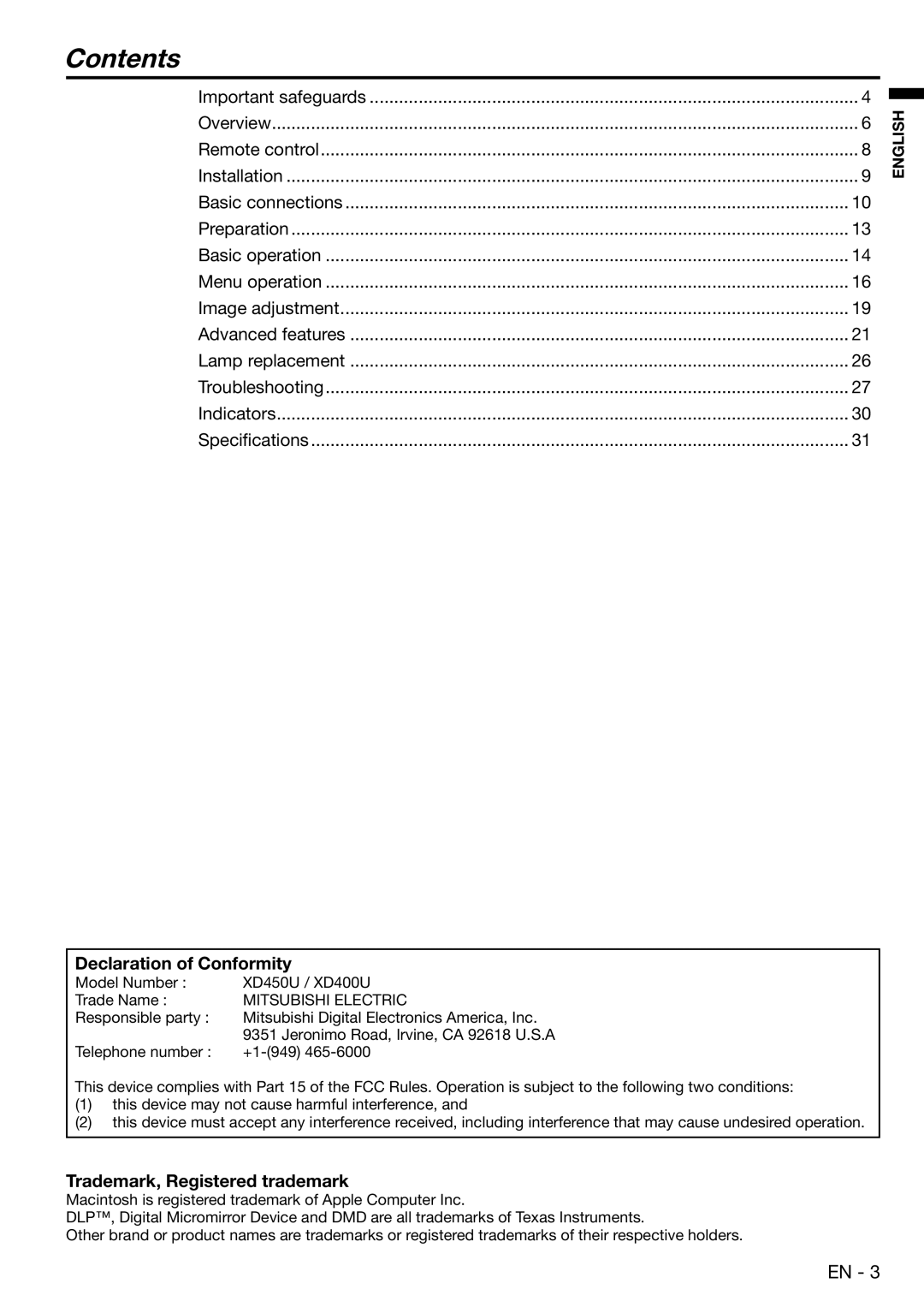 Mitsubishi Electronics XD450U user manual Contents 