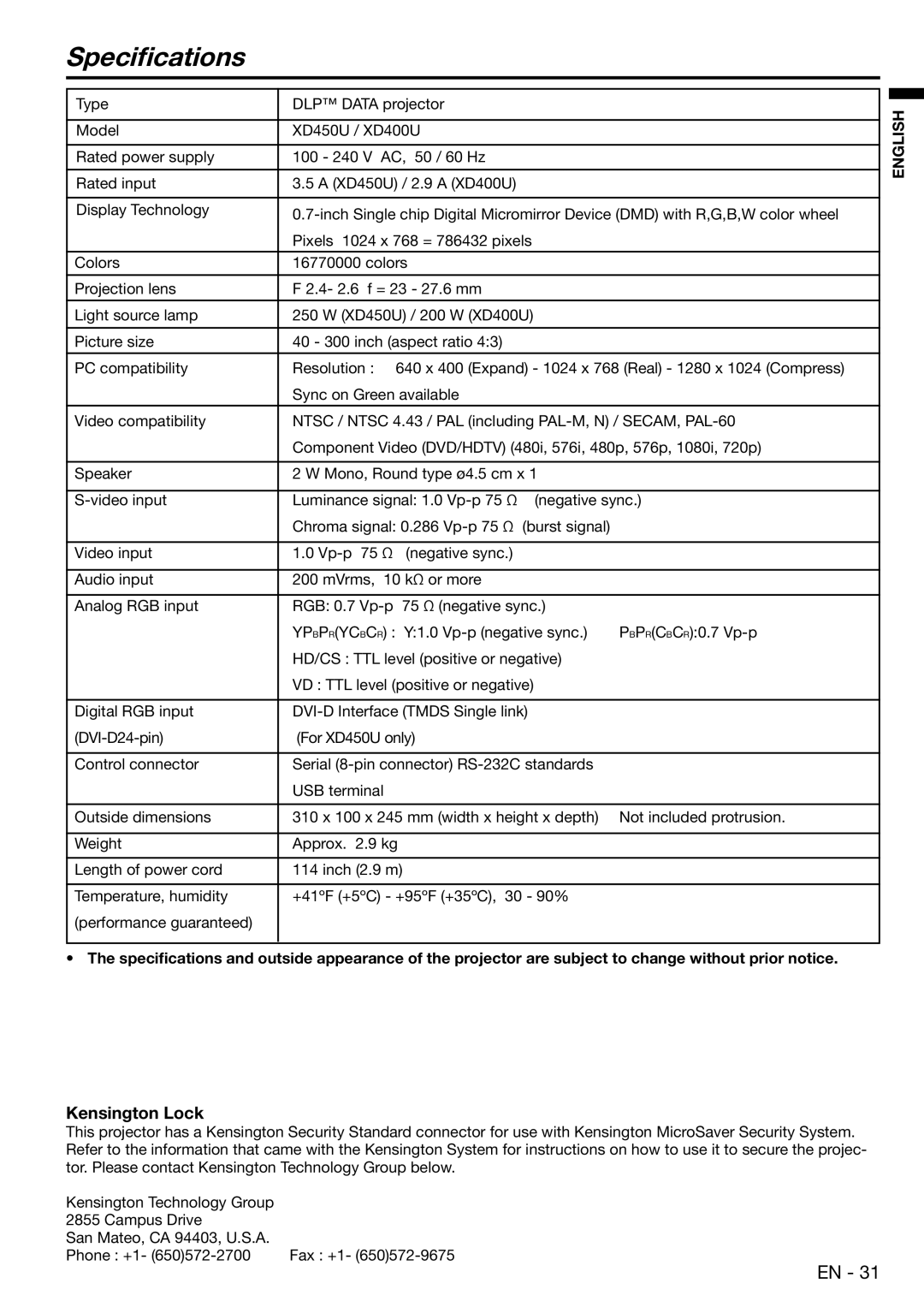 Mitsubishi Electronics XD450U user manual Speciﬁcations, Kensington Lock 