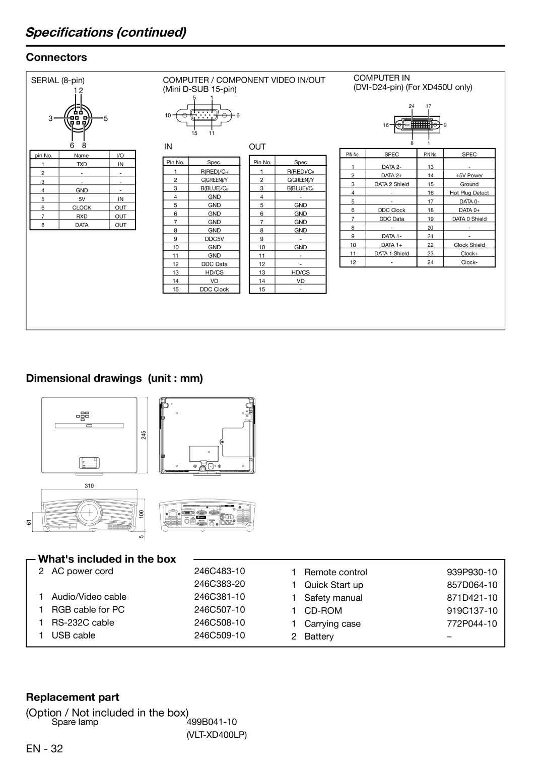 Mitsubishi Electronics XD450U user manual Speciﬁcations, Cd-Rom 