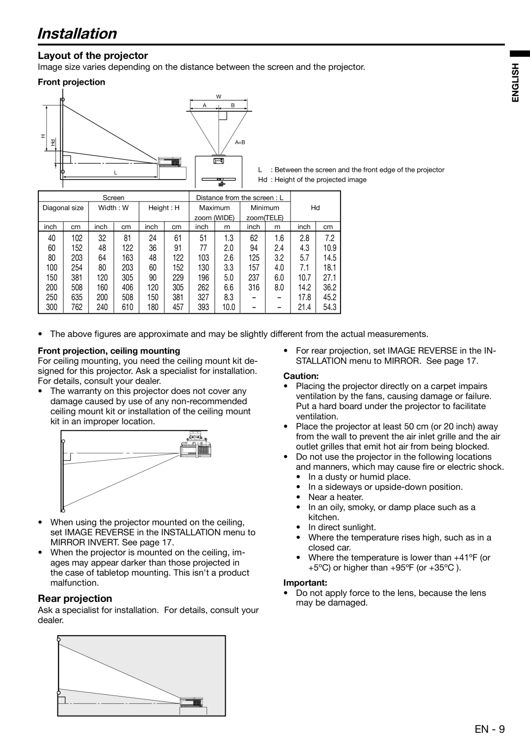 Mitsubishi Electronics XD450U user manual Installation, Layout of the projector, Rear projection, Front projection 