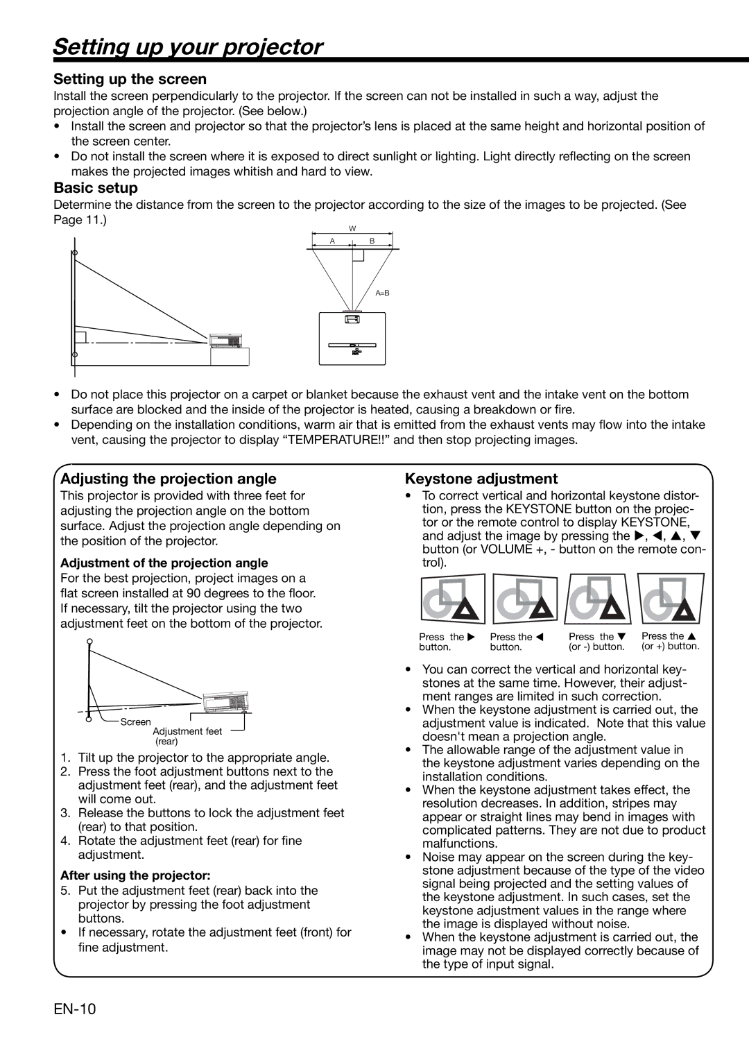 Mitsubishi Electronics XD460U Setting up your projector, Setting up the screen, Basic setup, Keystone adjustment 