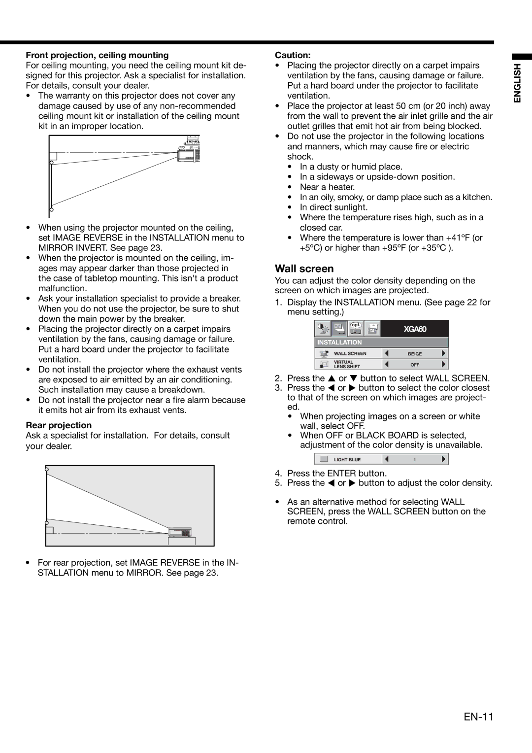 Mitsubishi Electronics XD460U user manual Wall screen, Front projection, ceiling mounting, Rear projection 