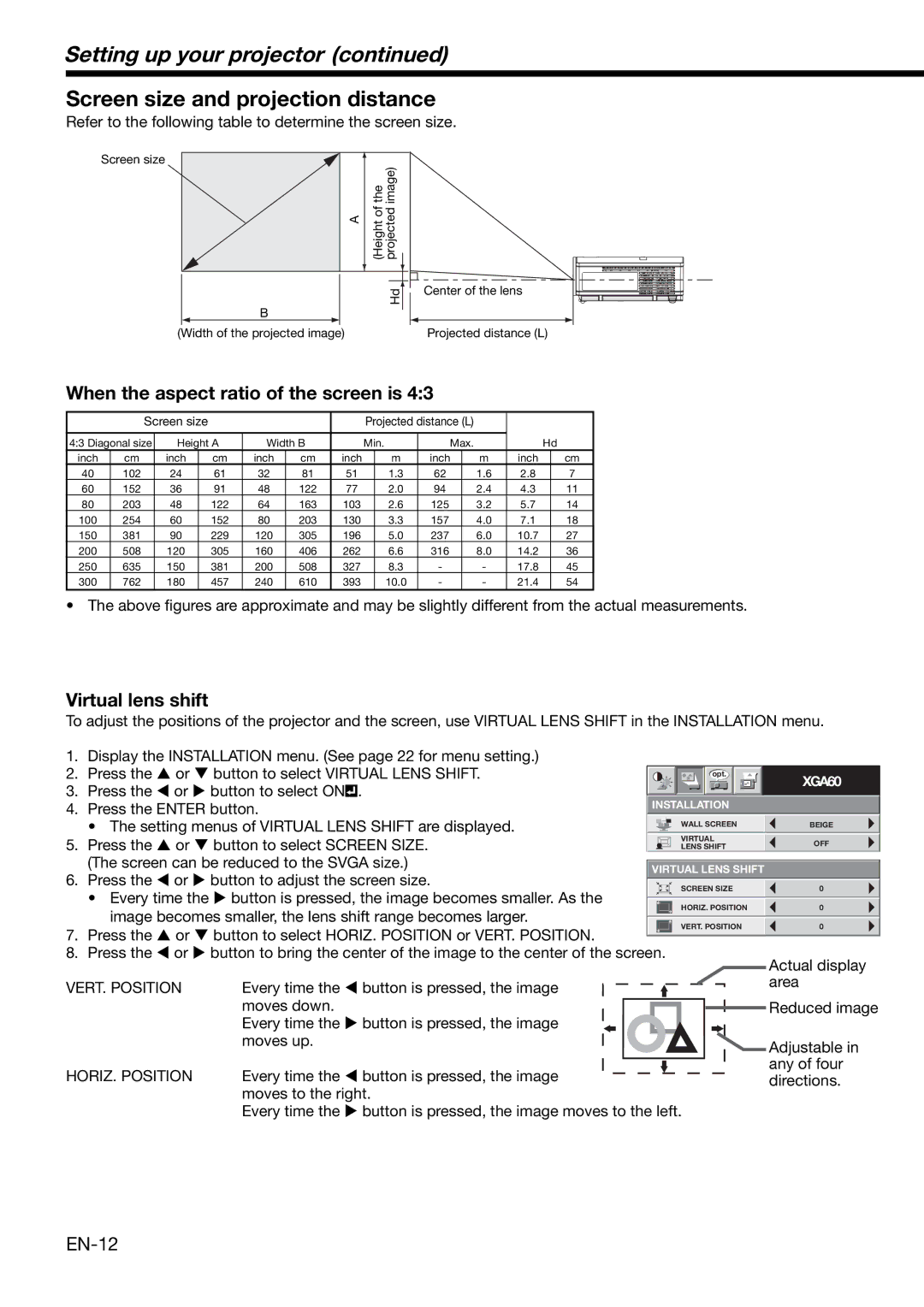 Mitsubishi Electronics XD460U Setting up your projector, Screen size and projection distance, Virtual lens shift 