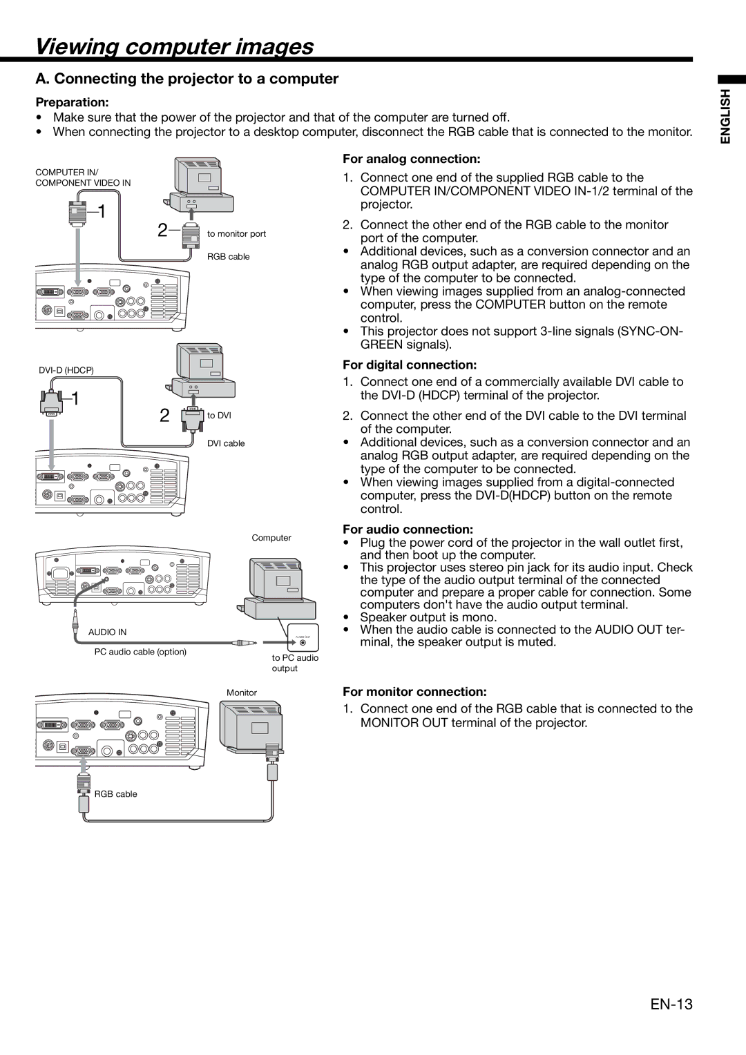 Mitsubishi Electronics XD460U user manual Viewing computer images, Connecting the projector to a computer 