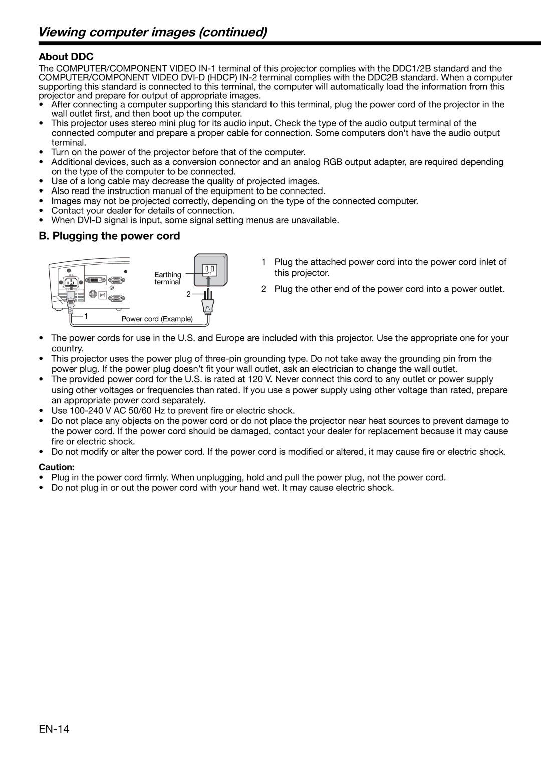 Mitsubishi Electronics XD460U user manual Viewing computer images, Plugging the power cord 