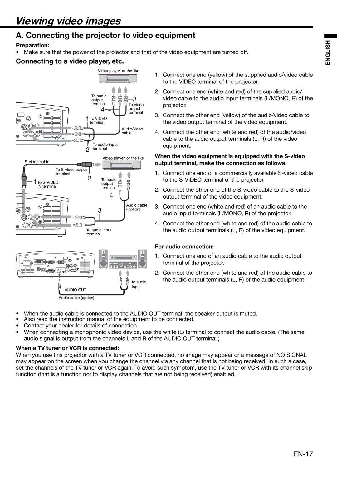 Mitsubishi Electronics XD460U user manual Viewing video images, Connecting the projector to video equipment 