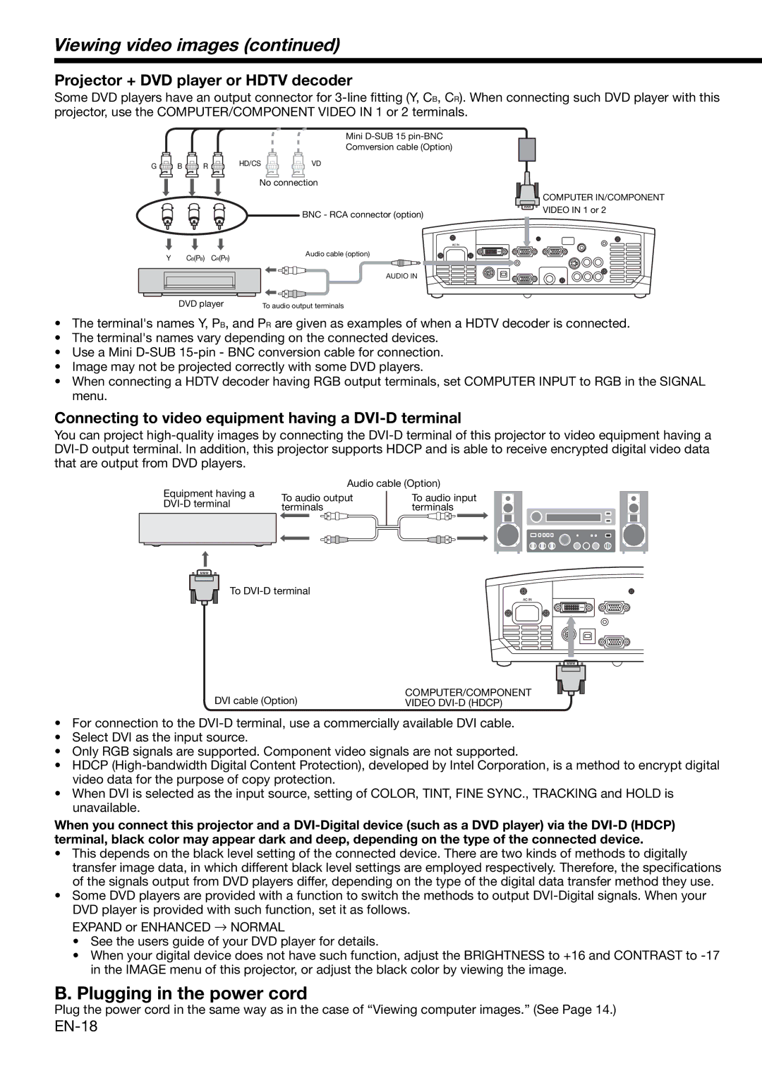 Mitsubishi Electronics XD460U Viewing video images, Plugging in the power cord, Projector + DVD player or Hdtv decoder 