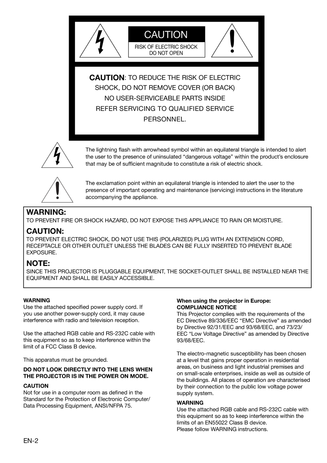 Mitsubishi Electronics XD460U user manual Risk of Electric Shock Do not Open, When using the projector in Europe 