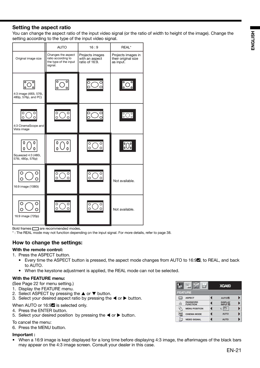 Mitsubishi Electronics XD460U user manual Setting the aspect ratio, How to change the settings, With the remote control 