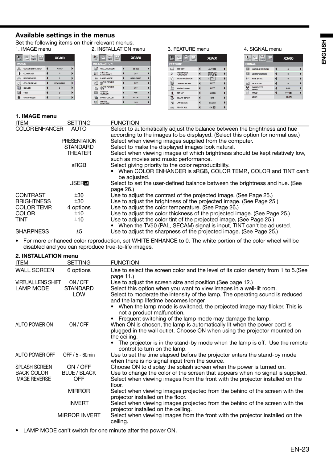 Mitsubishi Electronics XD460U user manual Available settings in the menus, Installation menu 