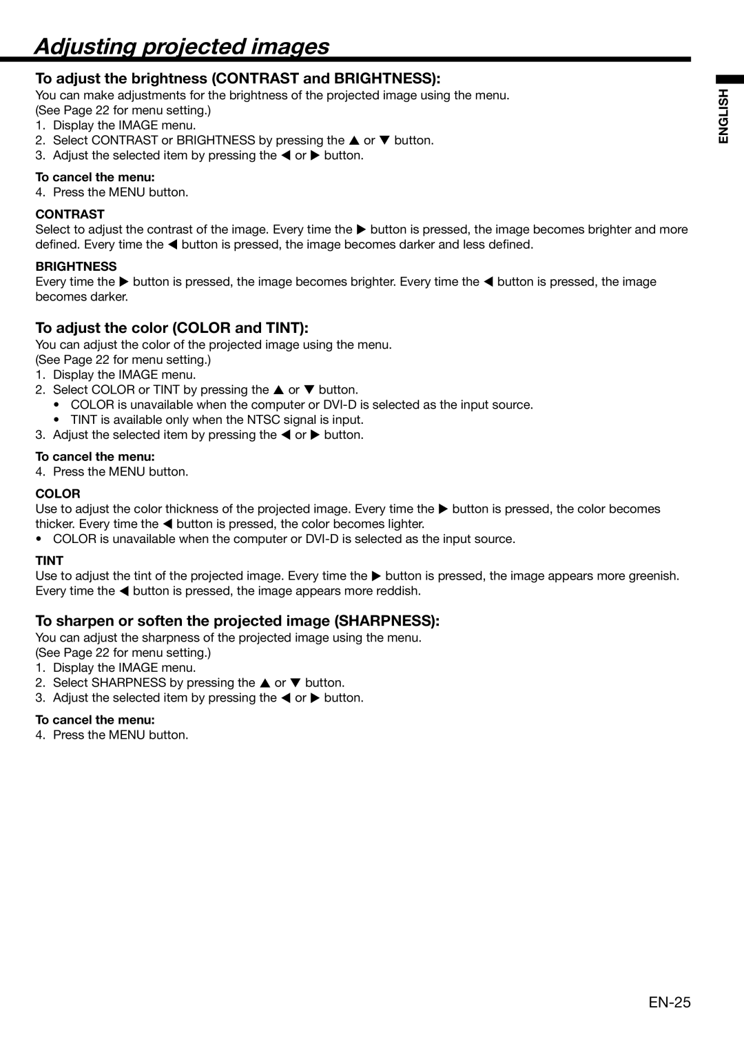 Mitsubishi Electronics XD460U user manual Adjusting projected images, To adjust the brightness Contrast and Brightness 