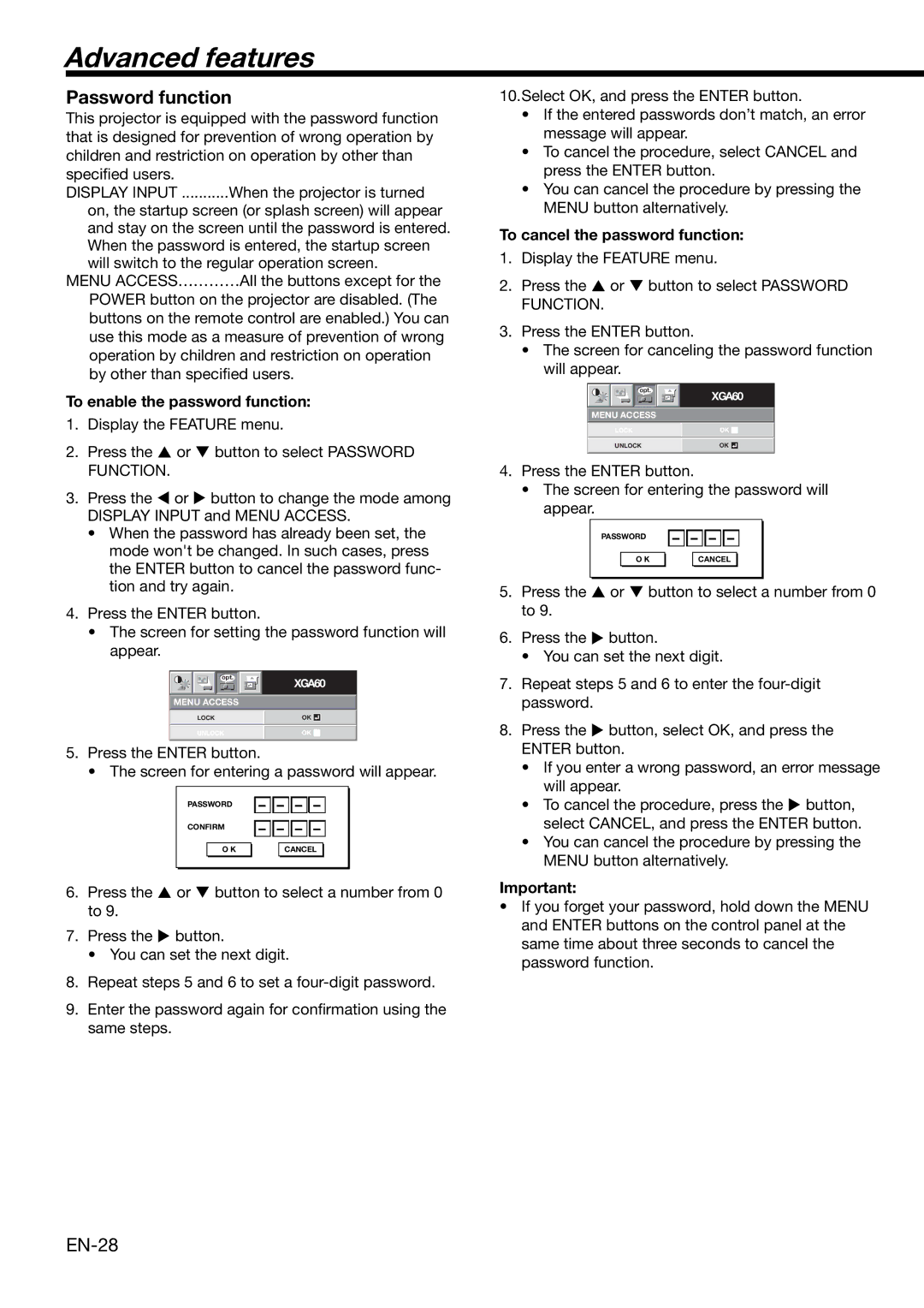 Mitsubishi Electronics XD460U user manual Advanced features, Password function, To enable the password function 