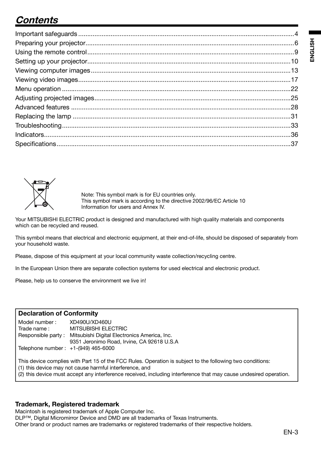 Mitsubishi Electronics XD460U user manual Contents 