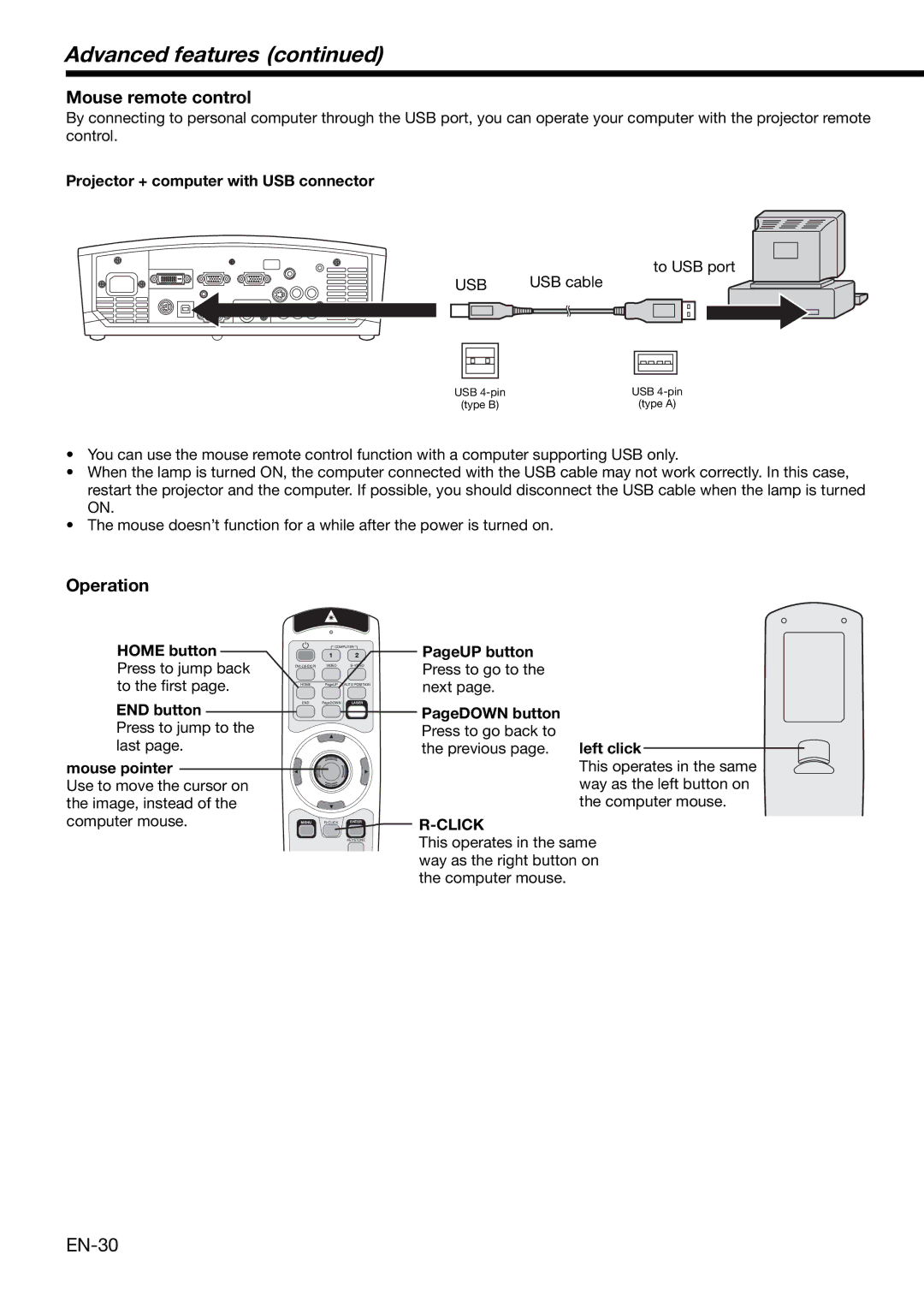 Mitsubishi Electronics XD460U user manual Advanced features, Projector + computer with USB connector, Usb, PageUP button 