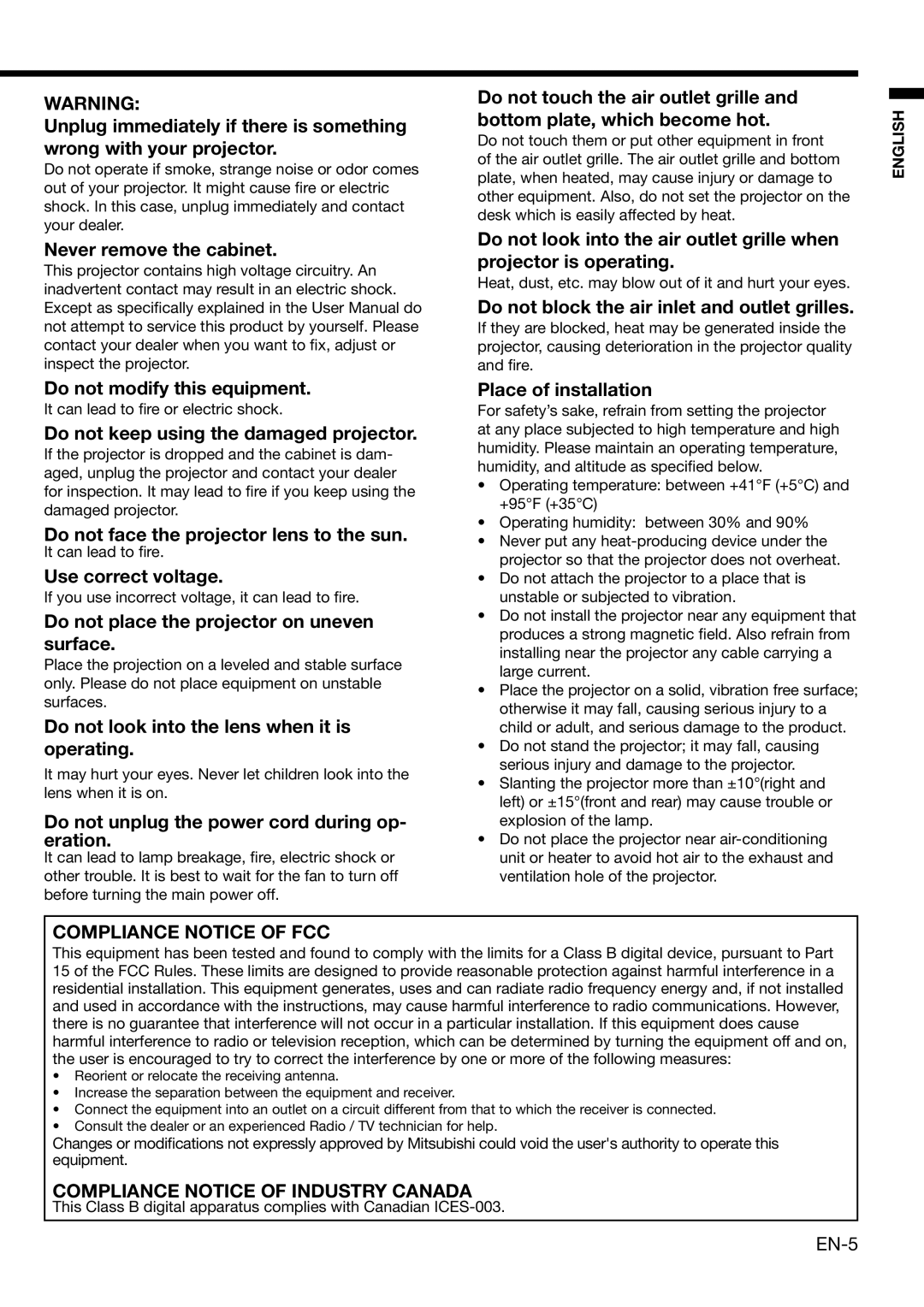 Mitsubishi Electronics XD460U user manual Never remove the cabinet Do not modify this equipment, Use correct voltage 