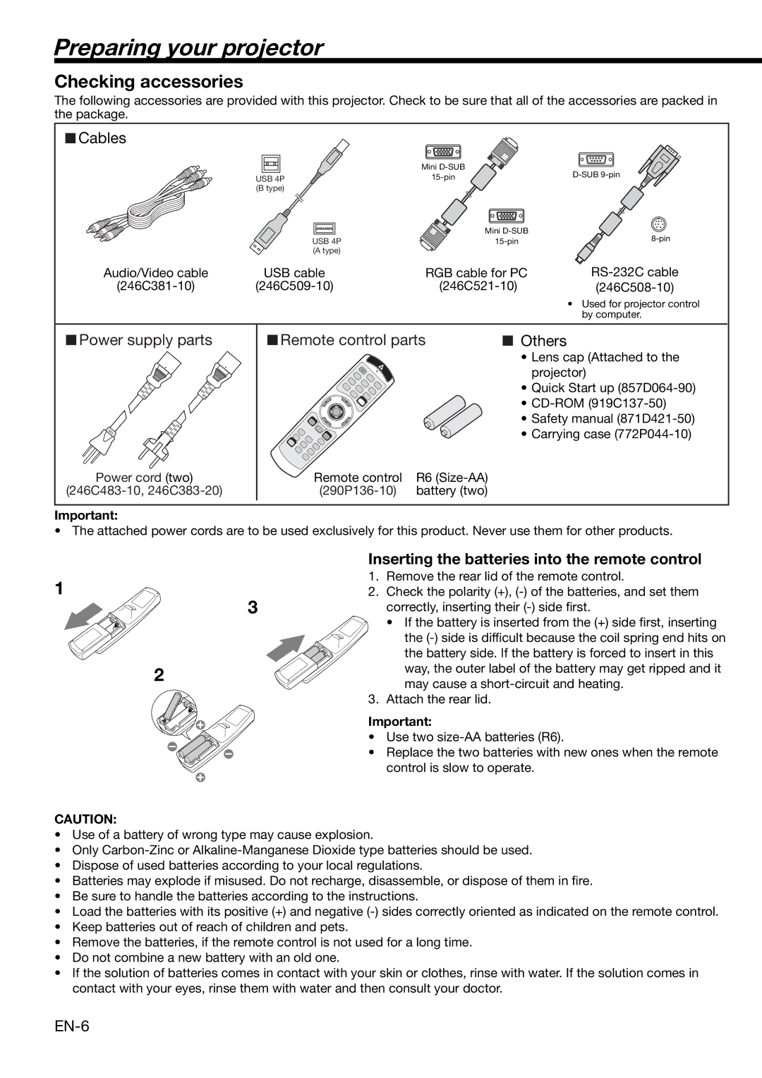 Mitsubishi Electronics XD460U user manual Preparing your projector, Checking accessories 