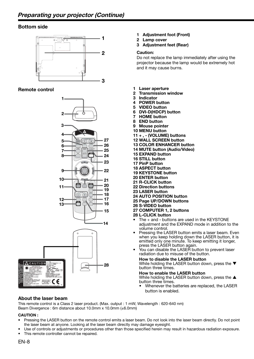 Mitsubishi Electronics XD460U user manual Preparating your projector Continue, Bottom side, How to disable the Laser button 