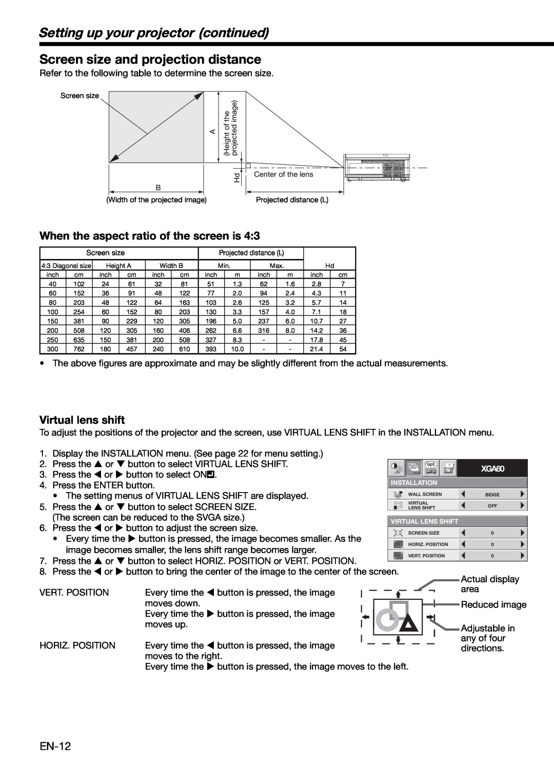 Mitsubishi Electronics XD460U user manual Setting up your projector continued, Screen size and projection distance 