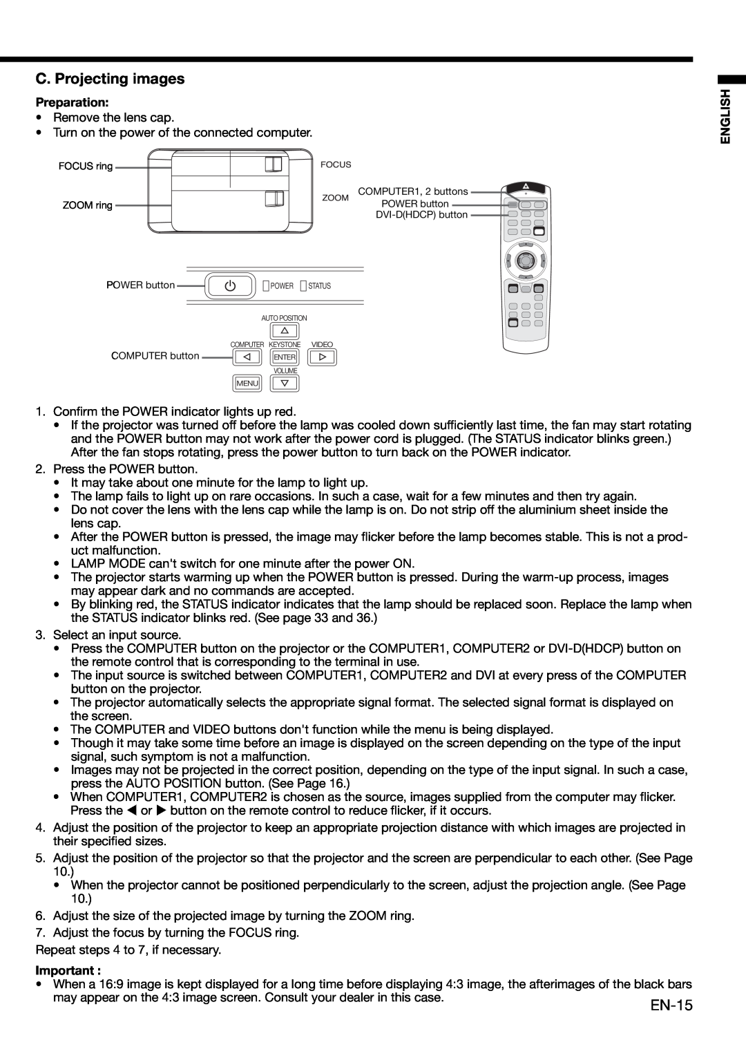 Mitsubishi Electronics XD460U user manual C. Projecting images, Preparation, English 