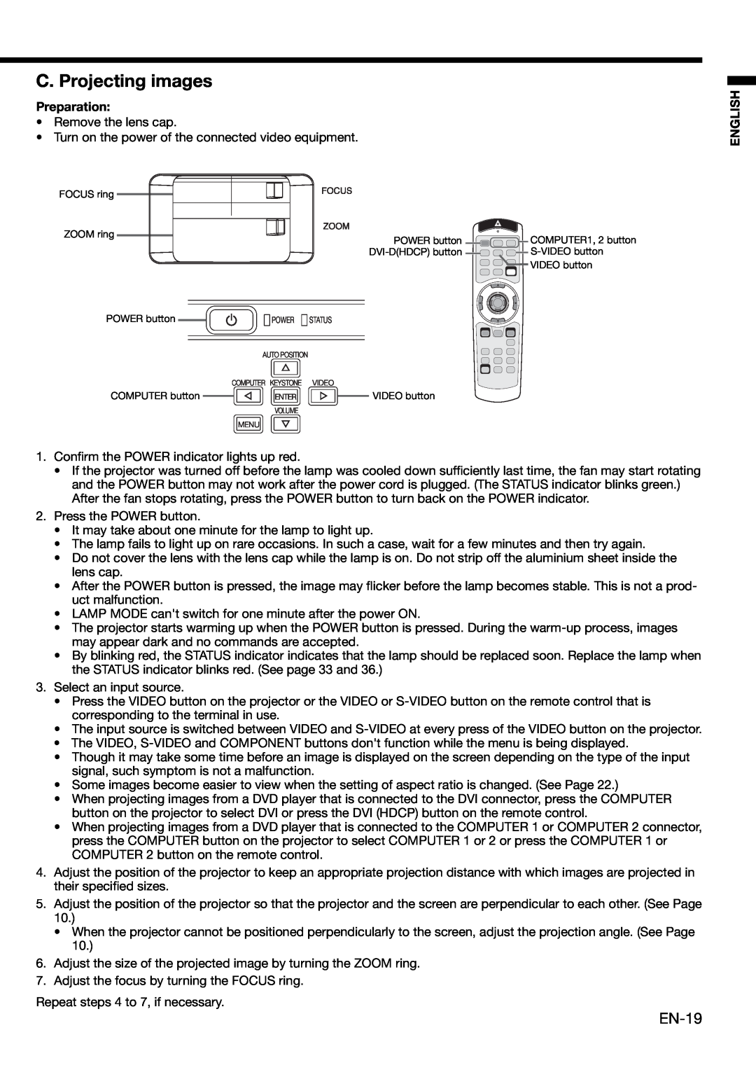 Mitsubishi Electronics XD460U user manual C. Projecting images, EN-19, Preparation, English 