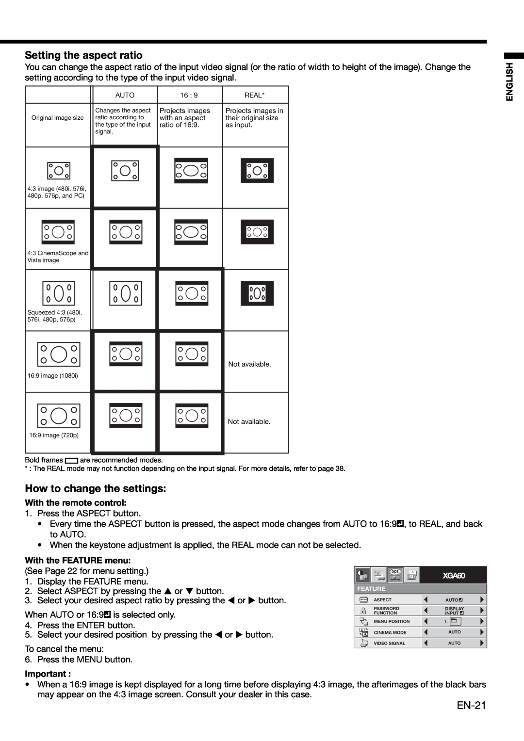 Mitsubishi Electronics XD460U Setting the aspect ratio, How to change the settings, EN-21, With the remote control 