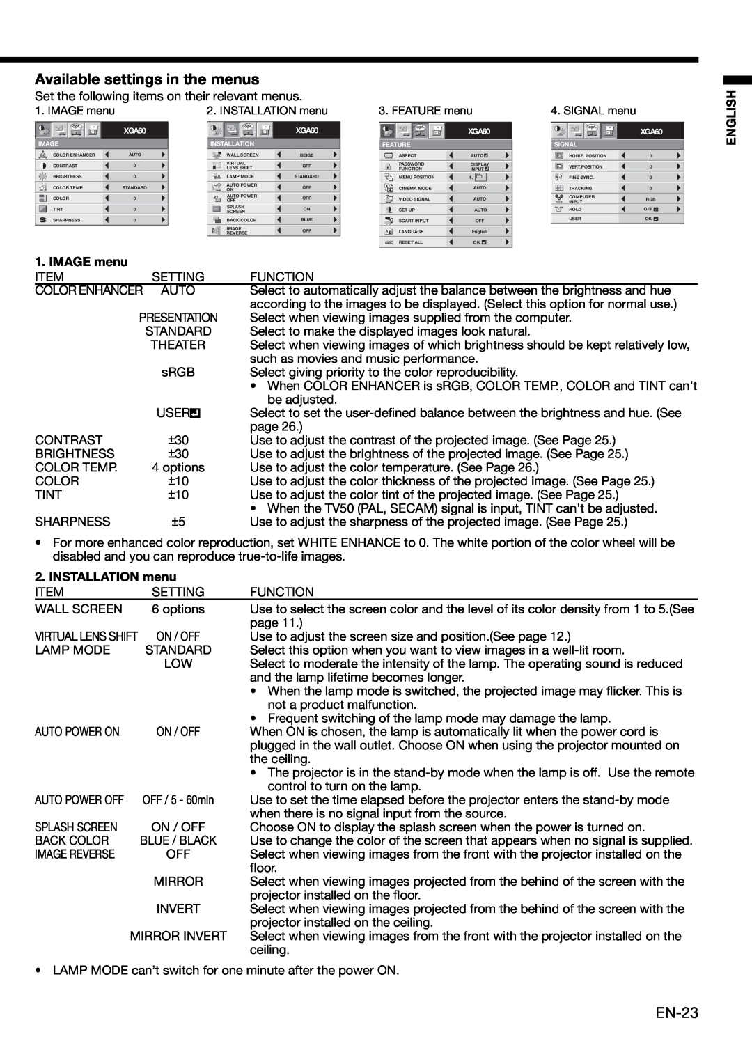 Mitsubishi Electronics XD460U user manual Available settings in the menus, EN-23, INSTALLATION menu, English 