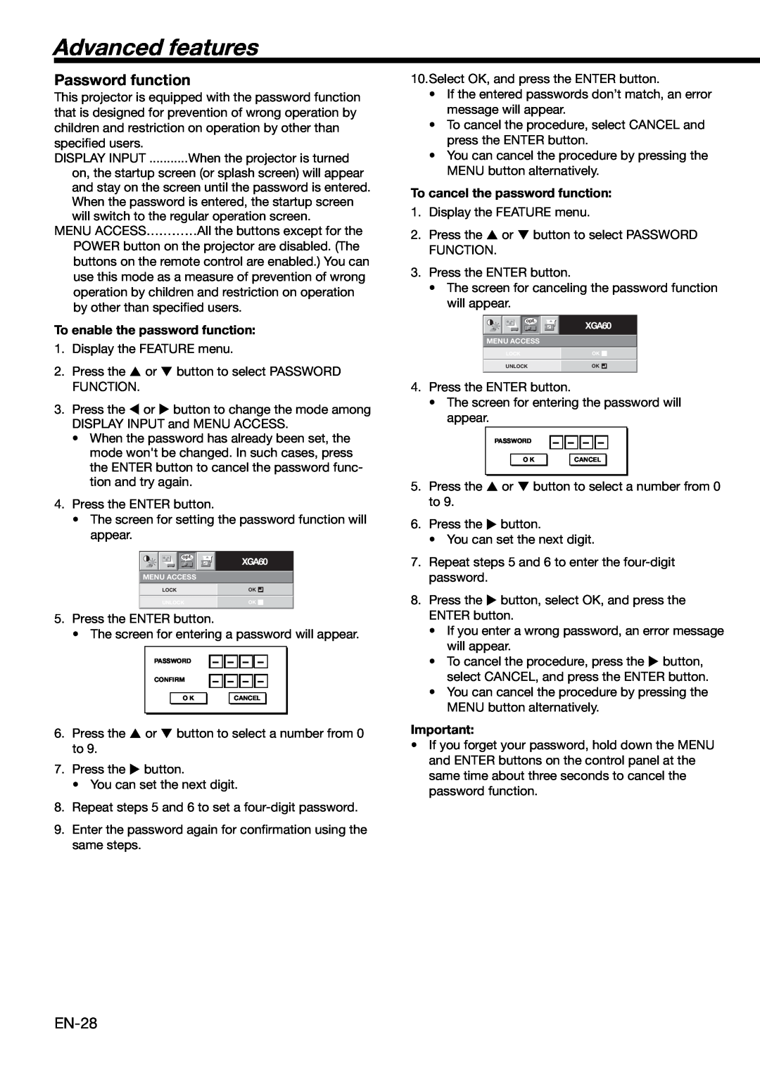 Mitsubishi Electronics XD460U user manual Advanced features, Password function, To enable the password function 