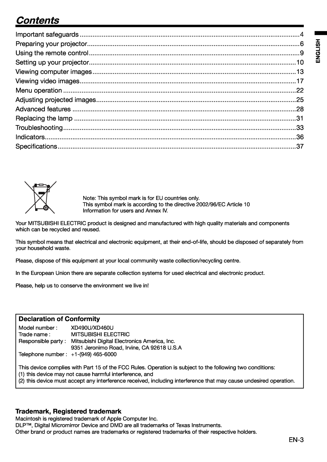 Mitsubishi Electronics XD460U user manual Contents, Declaration of Conformity, Trademark, Registered trademark 