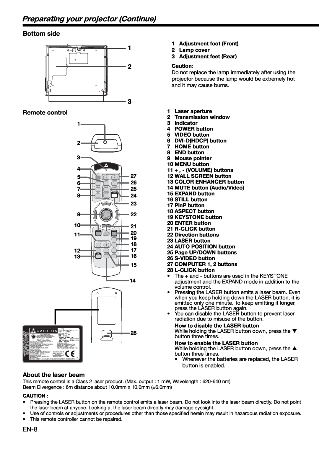 Mitsubishi Electronics XD460U user manual Preparating your projector Continue, Remote control, About the laser beam 