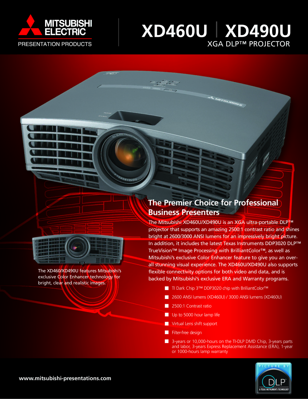 Mitsubishi Electronics XD460U/XD490U warranty XD460U XD490U, Premier Choice for Professional Business Presenters 